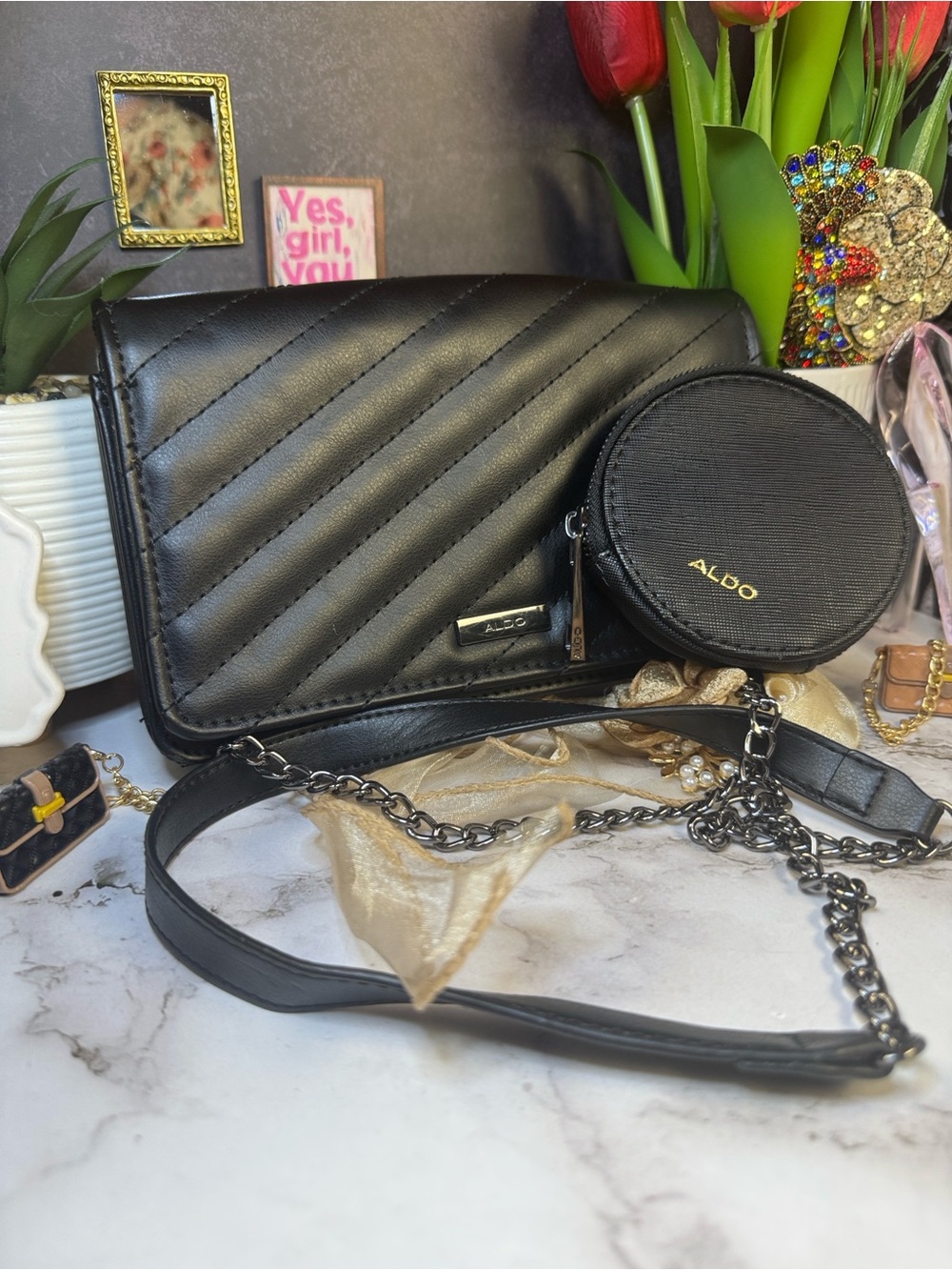 Aldo Black Quilted Crossbody Bag with Round Coin Pouch